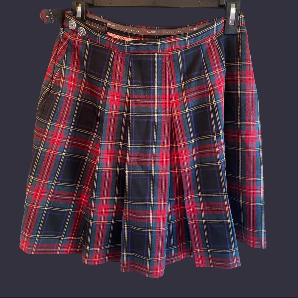 Red Plaid Pleated Mini Skirt with Zip Pockets